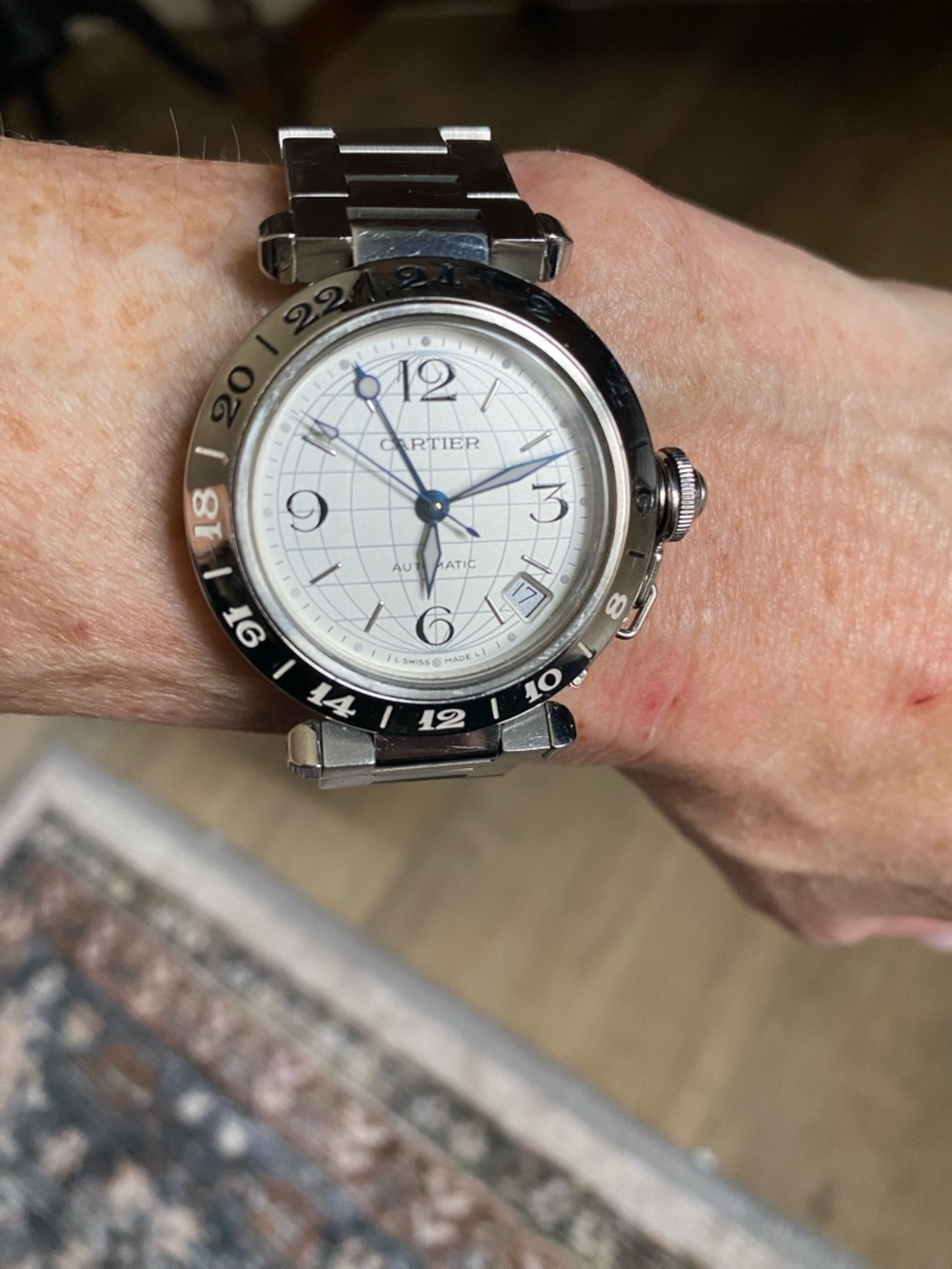 Cartier Pasha GMT 35mm stainless steel automatic watch. Sapphire Crystal.
